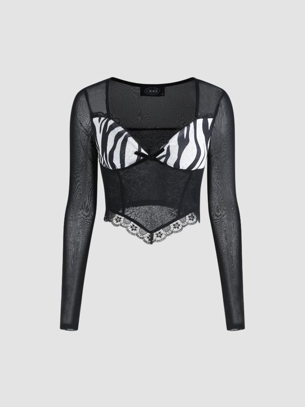 Cider Zebra Print Mesh Lace Sheer Long Sleeve Crop Top Size S